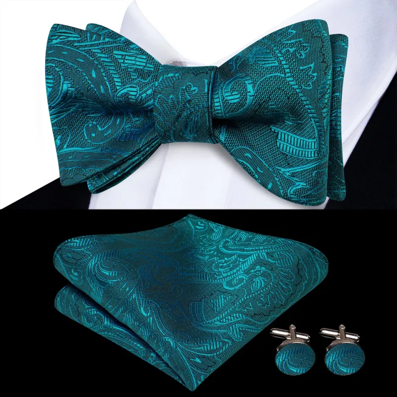 Ties2you Teal Blue Floral Self-tied Bow Tie Pocket Square Cufflinks Set sold by Ties2You