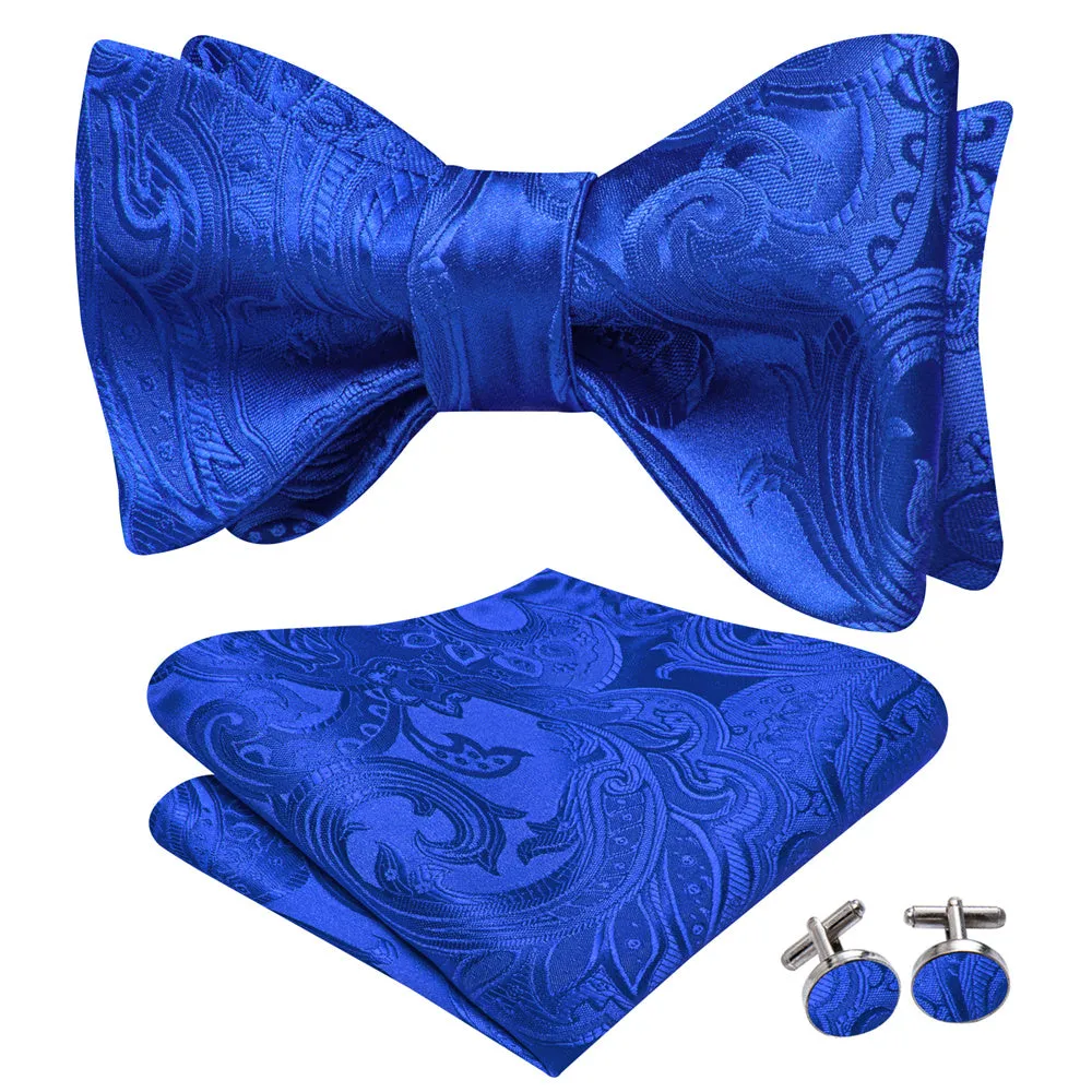 Ties2you Royal Blue Paisley Self-tied Bow Tie Pocket Square Cufflinks Set sold by Ties2You product image thumbnail 2
