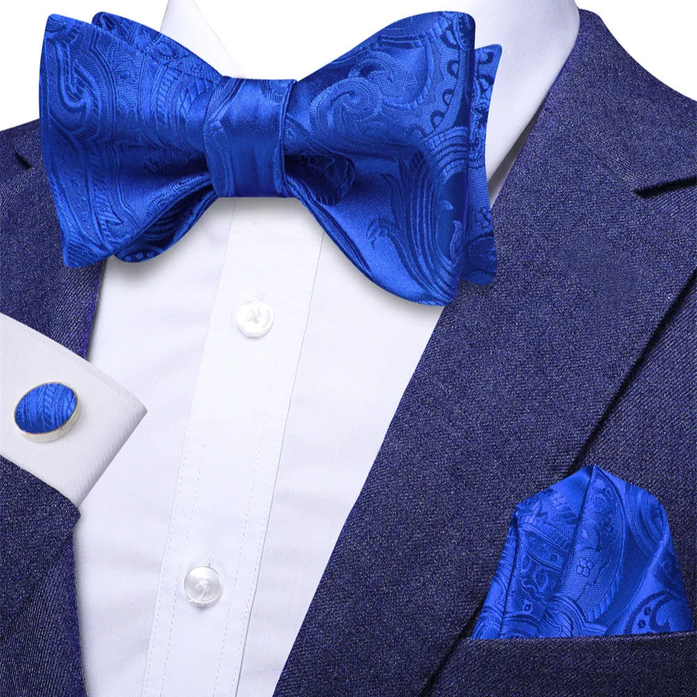 Ties2you Royal Blue Paisley Self-tied Bow Tie Pocket Square Cufflinks Set sold by Ties2You