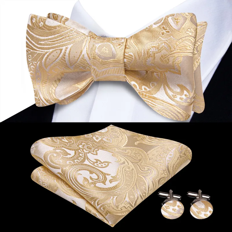 Ties2you Champagne Paisley Self-tied Bow Tie Pocket Square Cufflinks Set sold by Ties2You