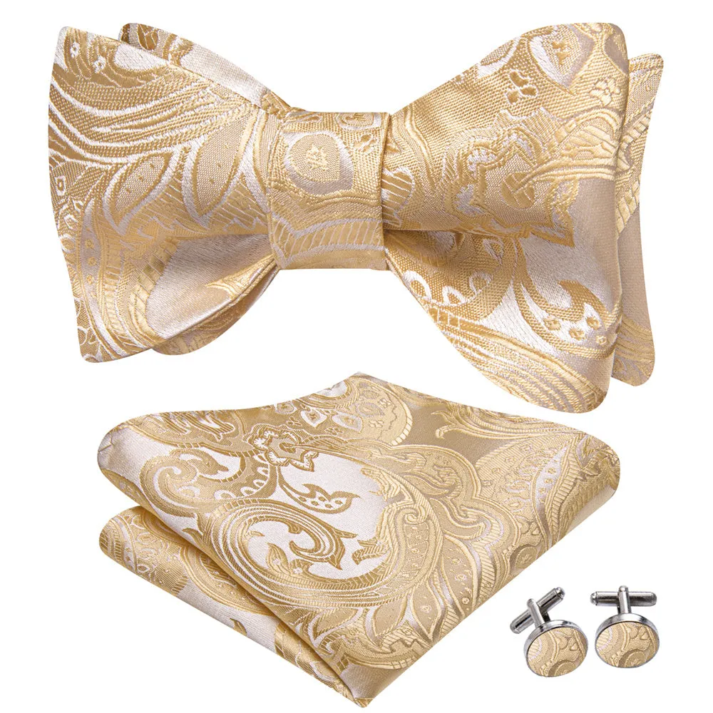 Ties2you Champagne Paisley Self-tied Bow Tie Pocket Square Cufflinks Set sold by Ties2You product image thumbnail 2