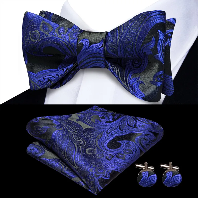 Ties2you Black Blue Paisley Self-tied Bow Tie Pocket Square Cufflinks Set sold by Ties2You