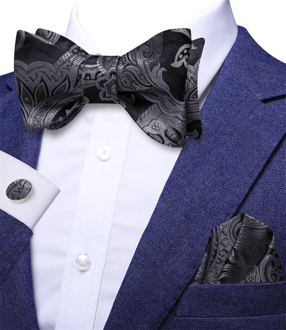 Ties2you Black Silver Paisley Self-tied Bow Tie Pocket Square Cufflinks Set sold by Ties2You product image thumbnail 2