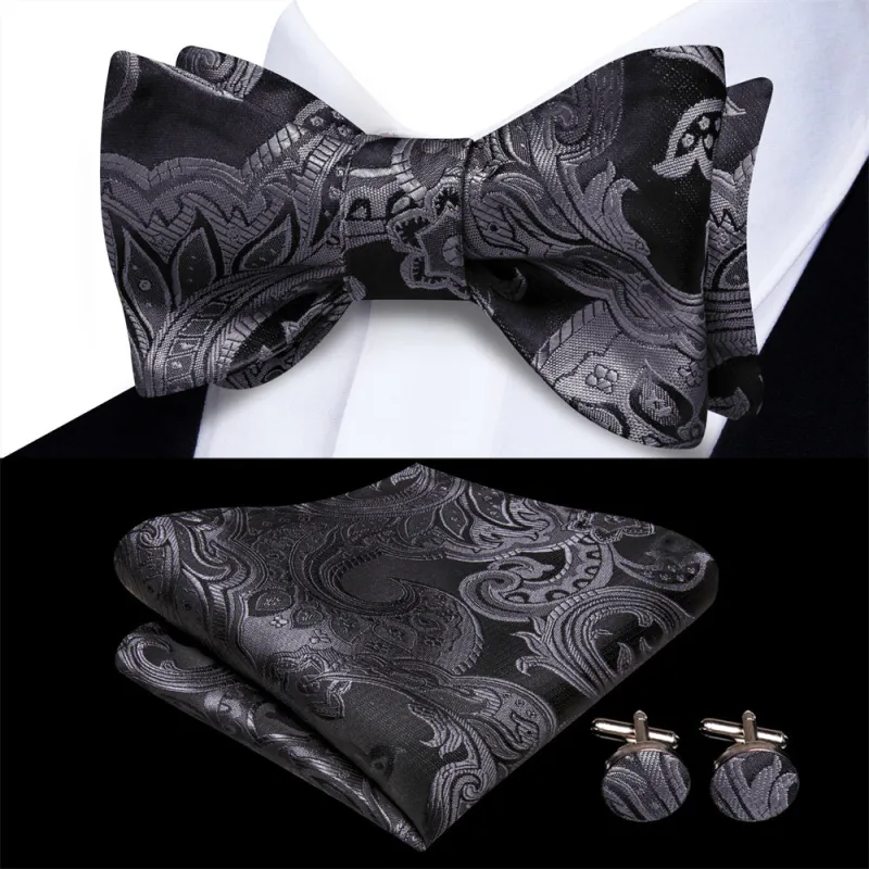 Ties2you Black Silver Paisley Self-tied Bow Tie Pocket Square Cufflinks Set sold by Ties2You