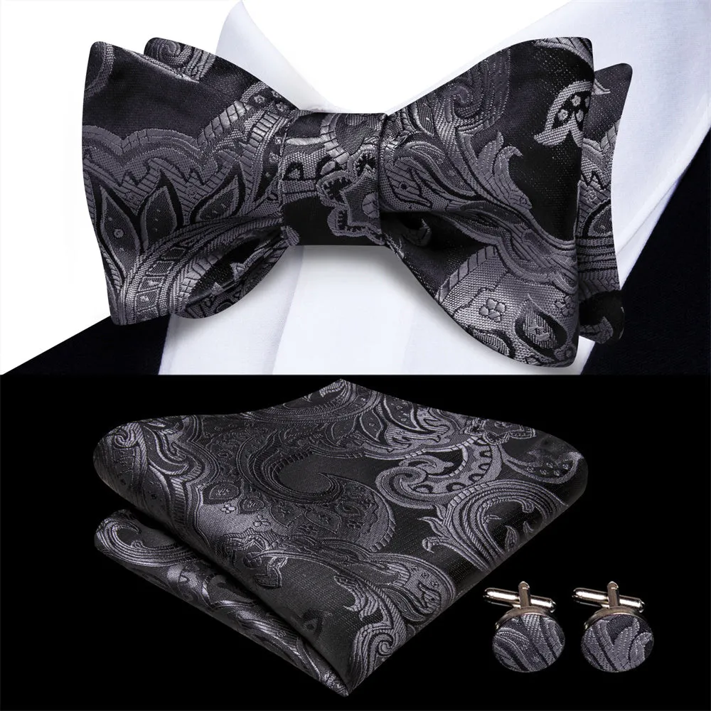 Ties2you Black Silver Paisley Self-tied Bow Tie Pocket Square Cufflinks Set sold by Ties2You