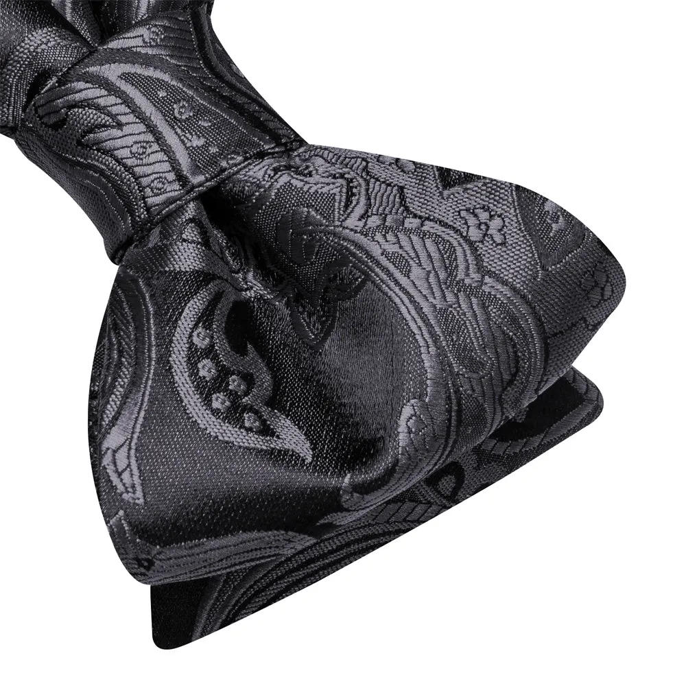 Ties2you Black Silver Paisley Self-tied Bow Tie Pocket Square Cufflinks Set sold by Ties2You product image thumbnail 3