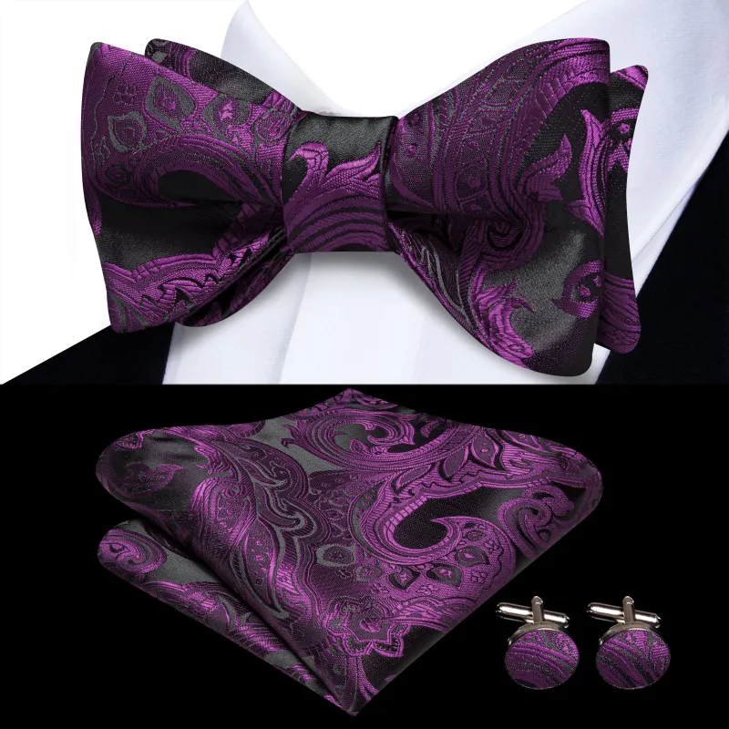 Ties2you Dark Purple Paisley Self-tied Bow Tie Pocket Square Cufflinks Set sold by Ties2You