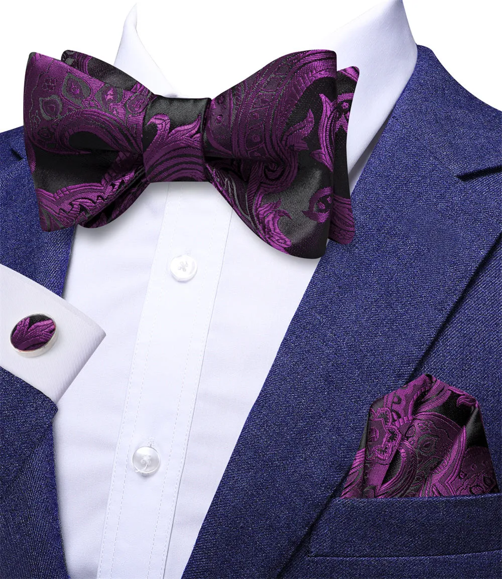 Ties2you Dark Purple Paisley Self-tied Bow Tie Pocket Square Cufflinks Set sold by Ties2You product image thumbnail 2