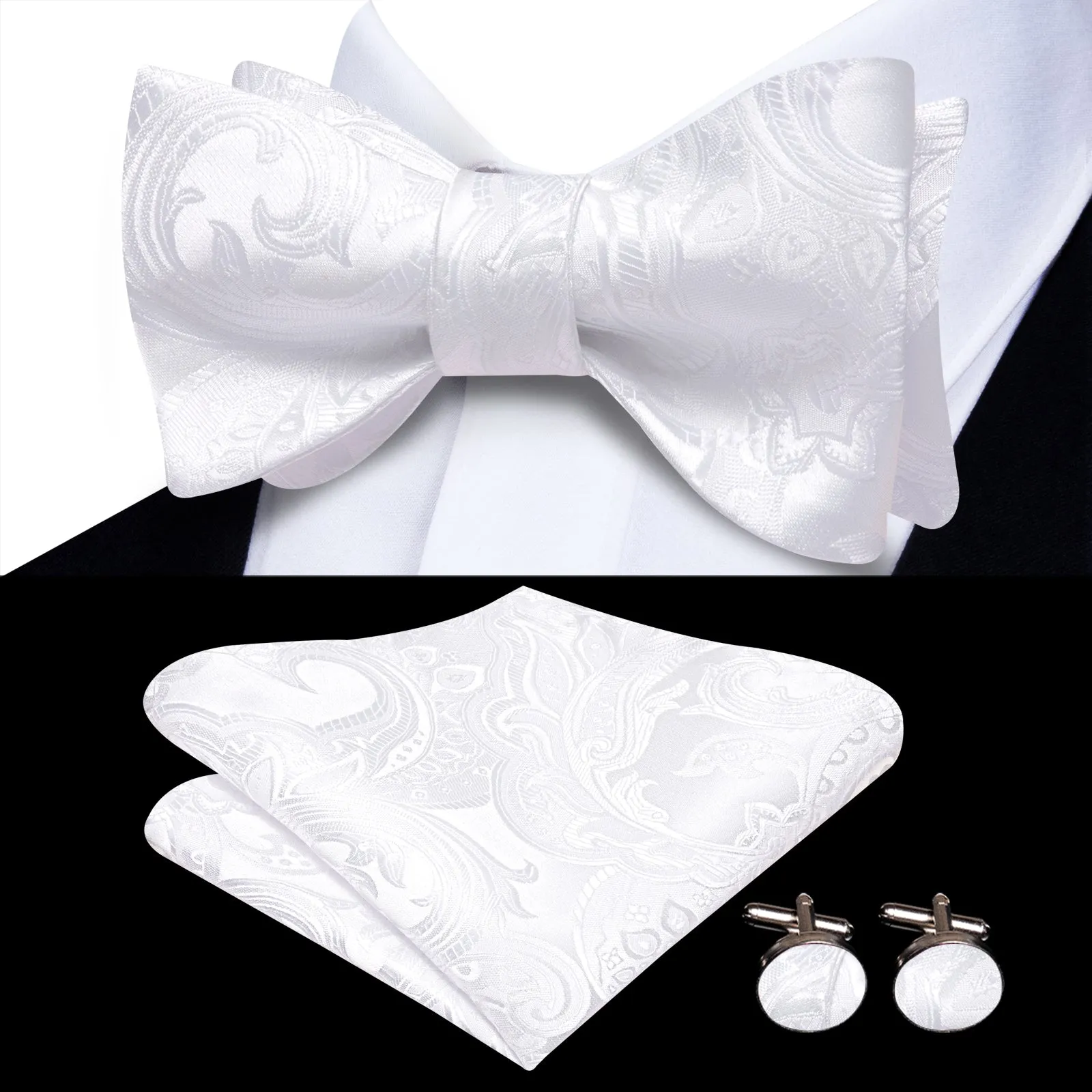 Ties2you White Paisley Self-tied Bow Tie Pocket Square Cufflinks Set sold by Ties2You