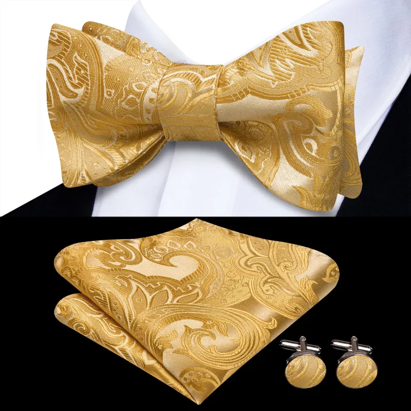 Ties2you Gold Paisley Self-tied Bow Tie Pocket Square Cufflinks Set sold by Ties2You