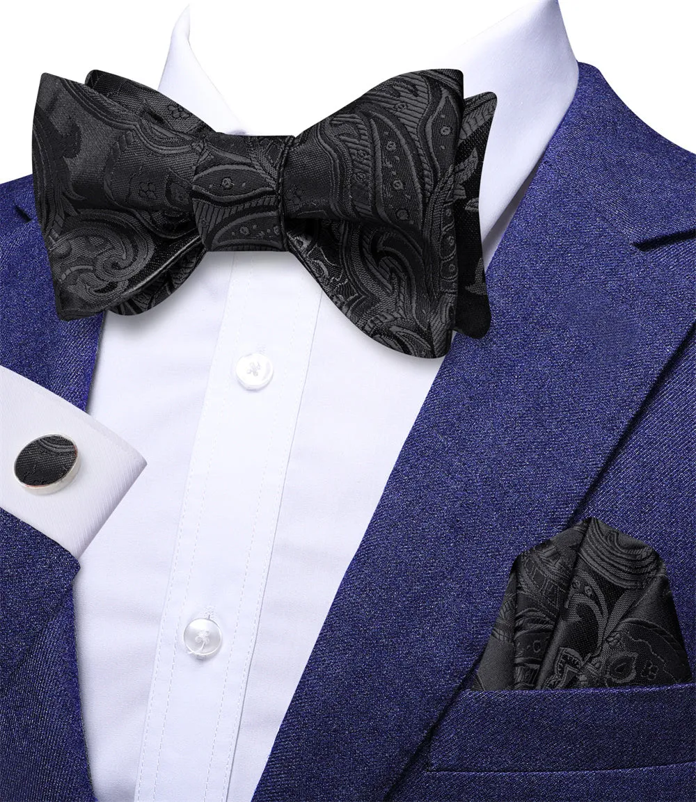 Ties2you Black Paisley Self-tied Bow Tie Pocket Square Cufflinks Set sold by Ties2You product image thumbnail 2