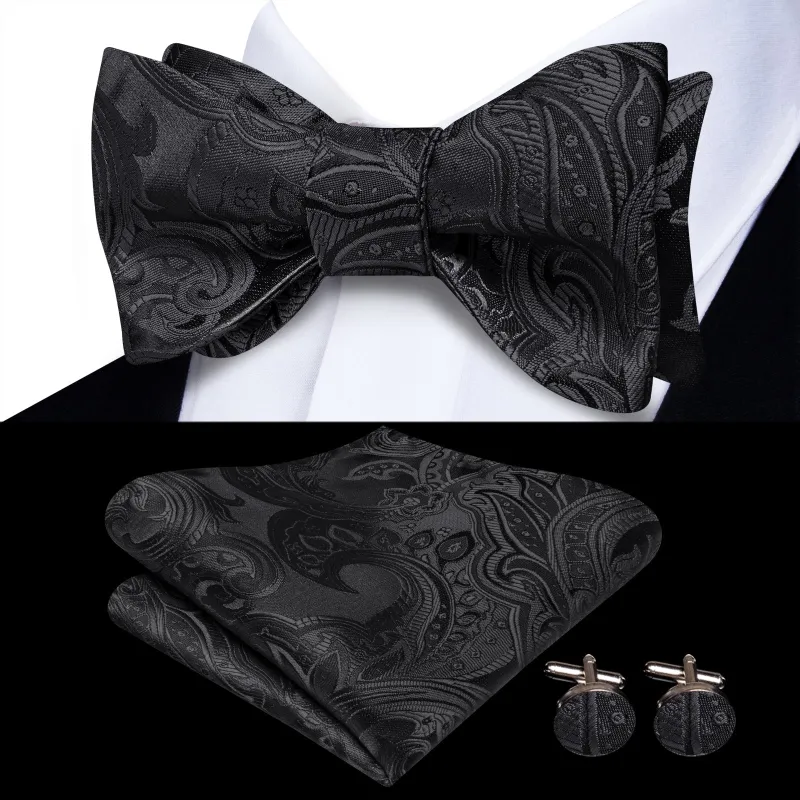 Ties2you Black Paisley Self-tied Bow Tie Pocket Square Cufflinks Set made by Ties2You