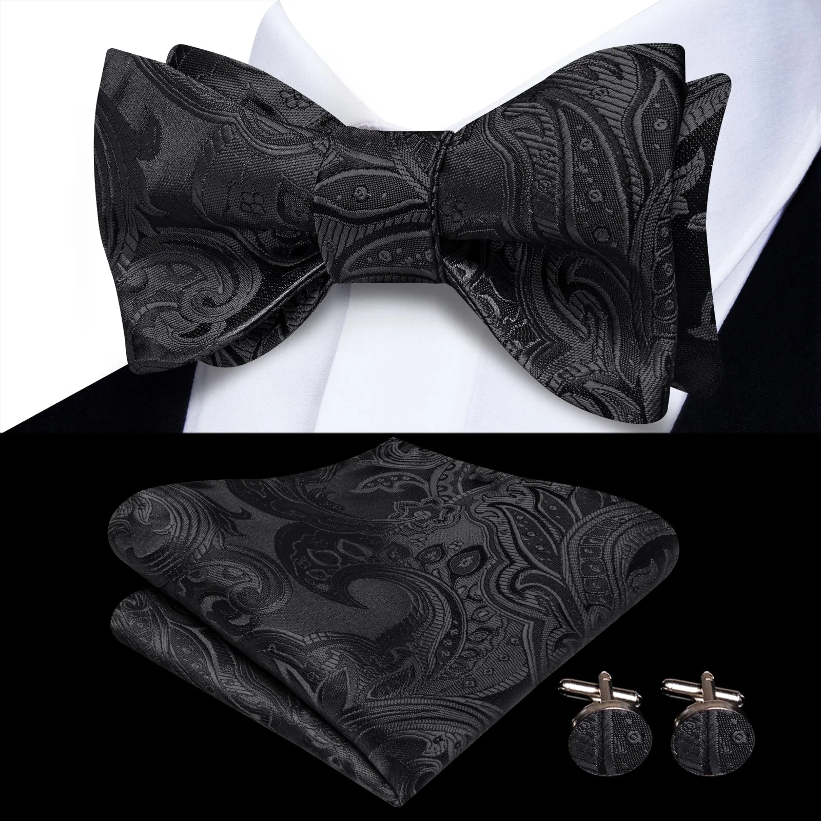Ties2you Black Paisley Self-tied Bow Tie Pocket Square Cufflinks Set sold by Ties2You