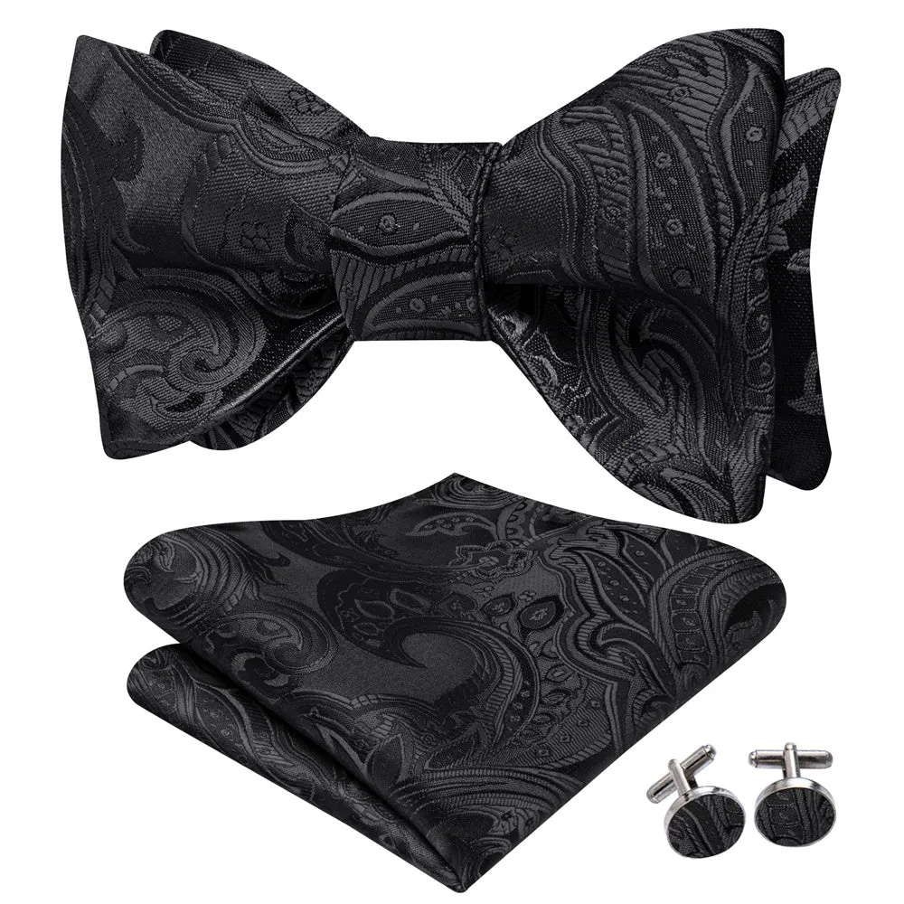 Ties2you Black Paisley Self-tied Bow Tie Pocket Square Cufflinks Set sold by Ties2You product image thumbnail 3