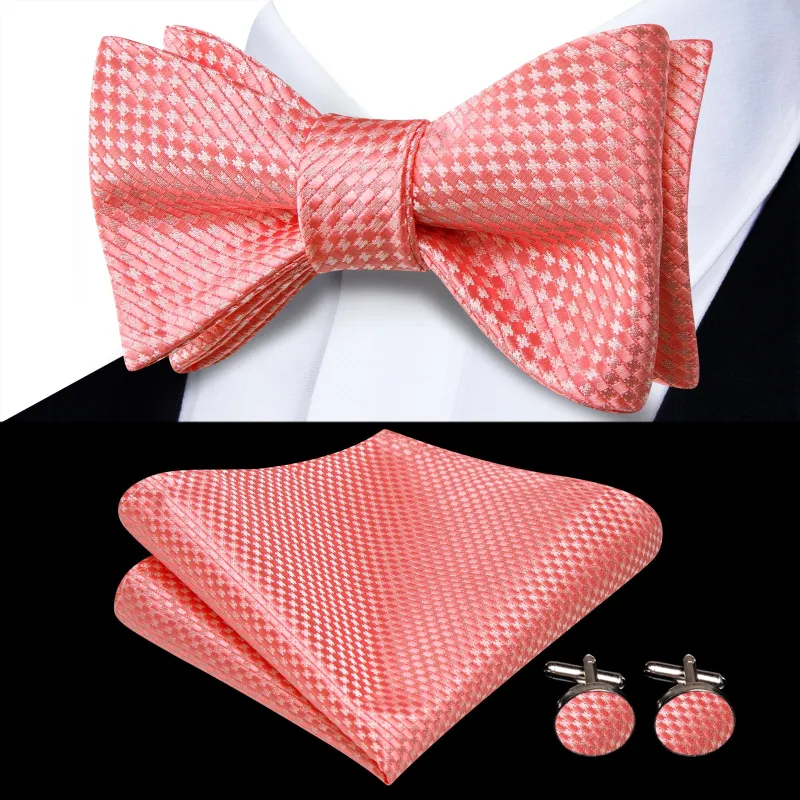 Ties2you Pale Pink Geometric Self-tied Bow Tie Pocket Square Cufflinks Set sold by Ties2You