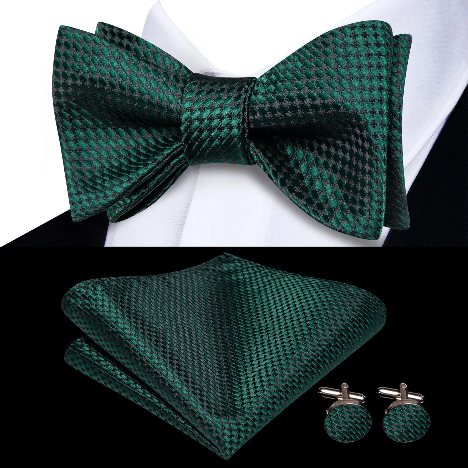 Ties2you Green Geometric Self-tied Bow Tie Pocket Square Cufflinks Set sold by Ties2You product image thumbnail 2