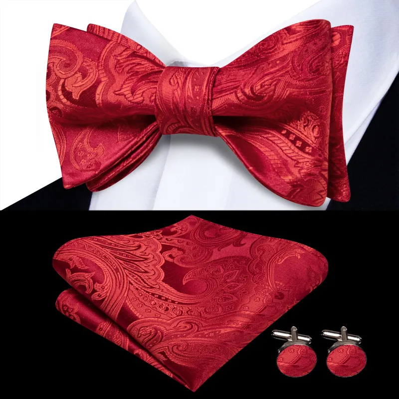 Ties2you Red Floral Self-tied Bow Tie Pocket Square Cufflinks Set sold by Ties2You