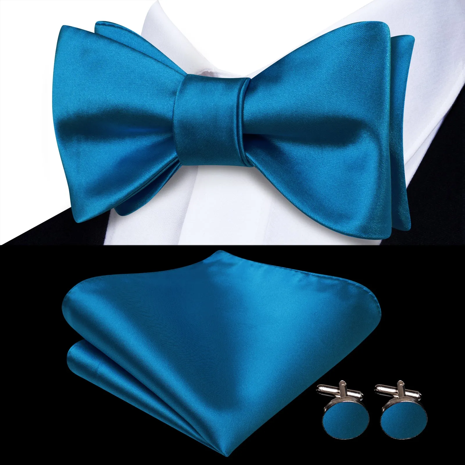 Ties2you Royal Blue Solid Self-tied Bow Tie Pocket Square Cufflinks Set sold by Ties2You