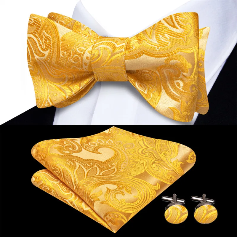 Ties2you Gold Yellow Paisley Self-tied Bow Tie Pocket Square Cufflinks Set sold by Ties2You