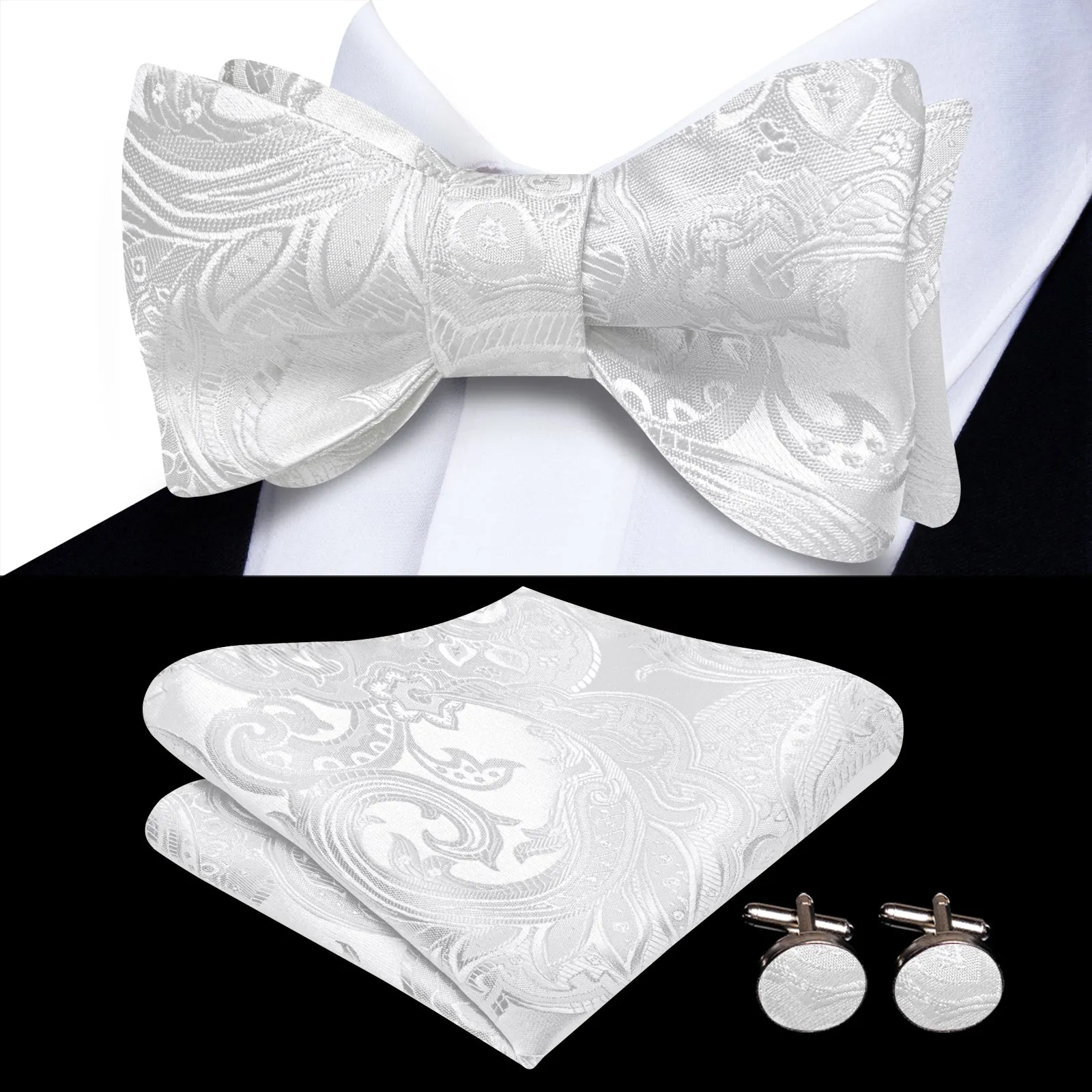 Ties2you Champagne Paisley Self-tied Bow Tie Pocket Square Cufflinks Set sold by Ties2You product image thumbnail 2