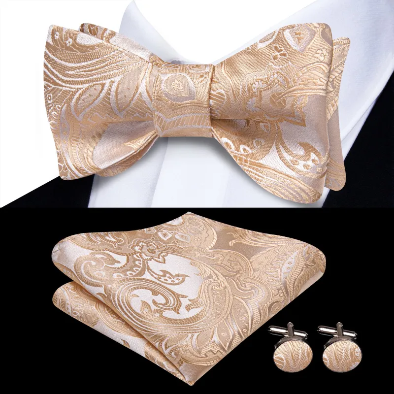 Ties2you Champagne Paisley Self-tied Bow Tie Pocket Square Cufflinks Set sold by Ties2You