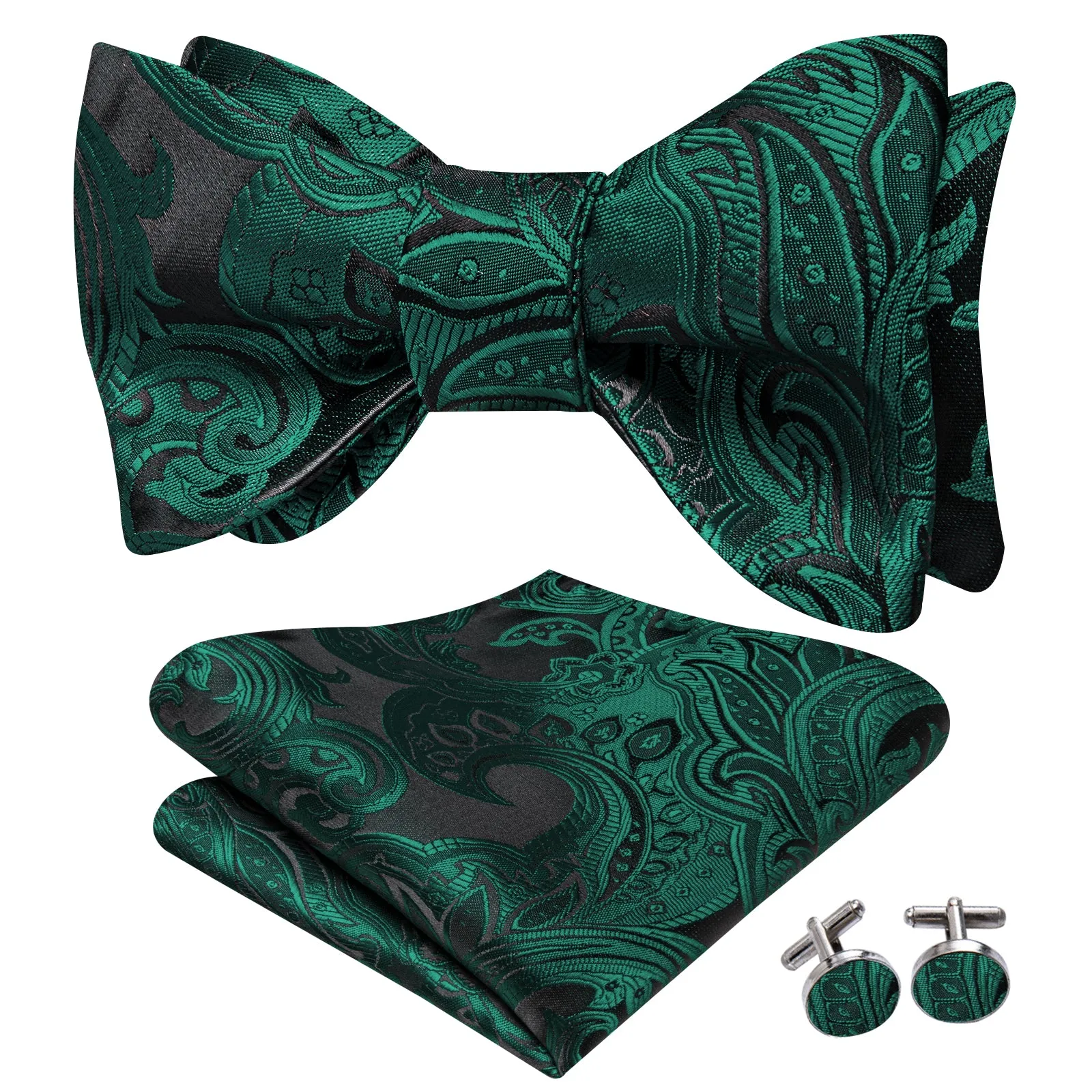 Ties2you Teal Paisley Self-tied Bow Tie Pocket Square Cufflinks Set sold by Ties2You product image thumbnail 4