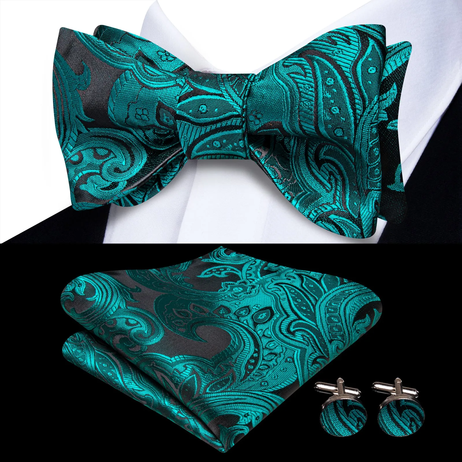 Ties2you Teal Paisley Self-tied Bow Tie Pocket Square Cufflinks Set sold by Ties2You