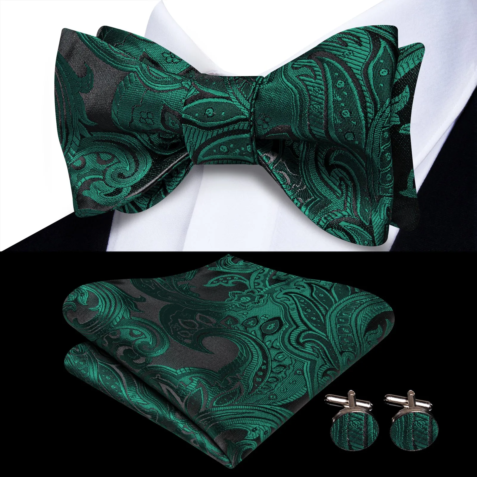 Ties2you Teal Paisley Self-tied Bow Tie Pocket Square Cufflinks Set sold by Ties2You product image thumbnail 2