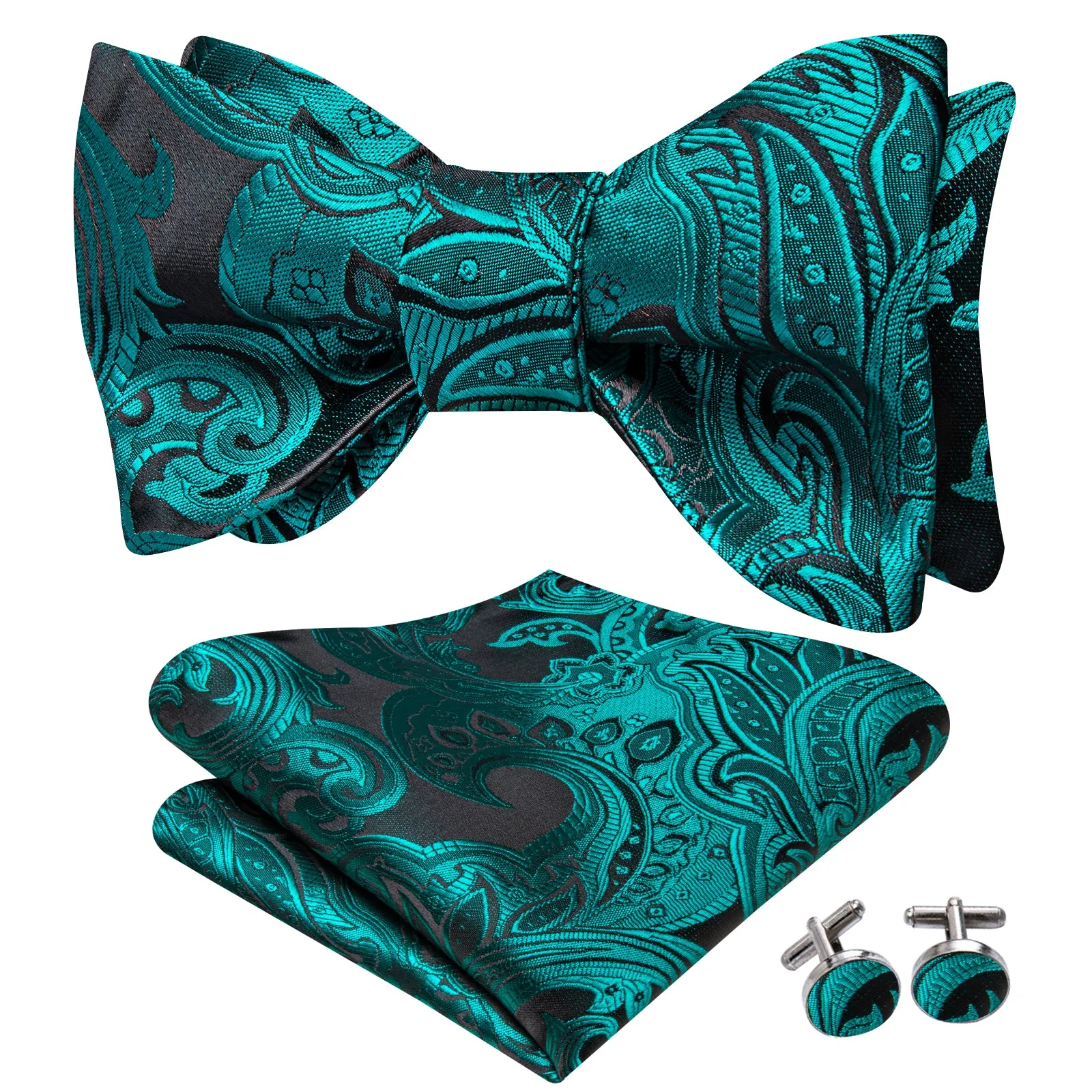 Ties2you Teal Paisley Self-tied Bow Tie Pocket Square Cufflinks Set sold by Ties2You product image thumbnail 3