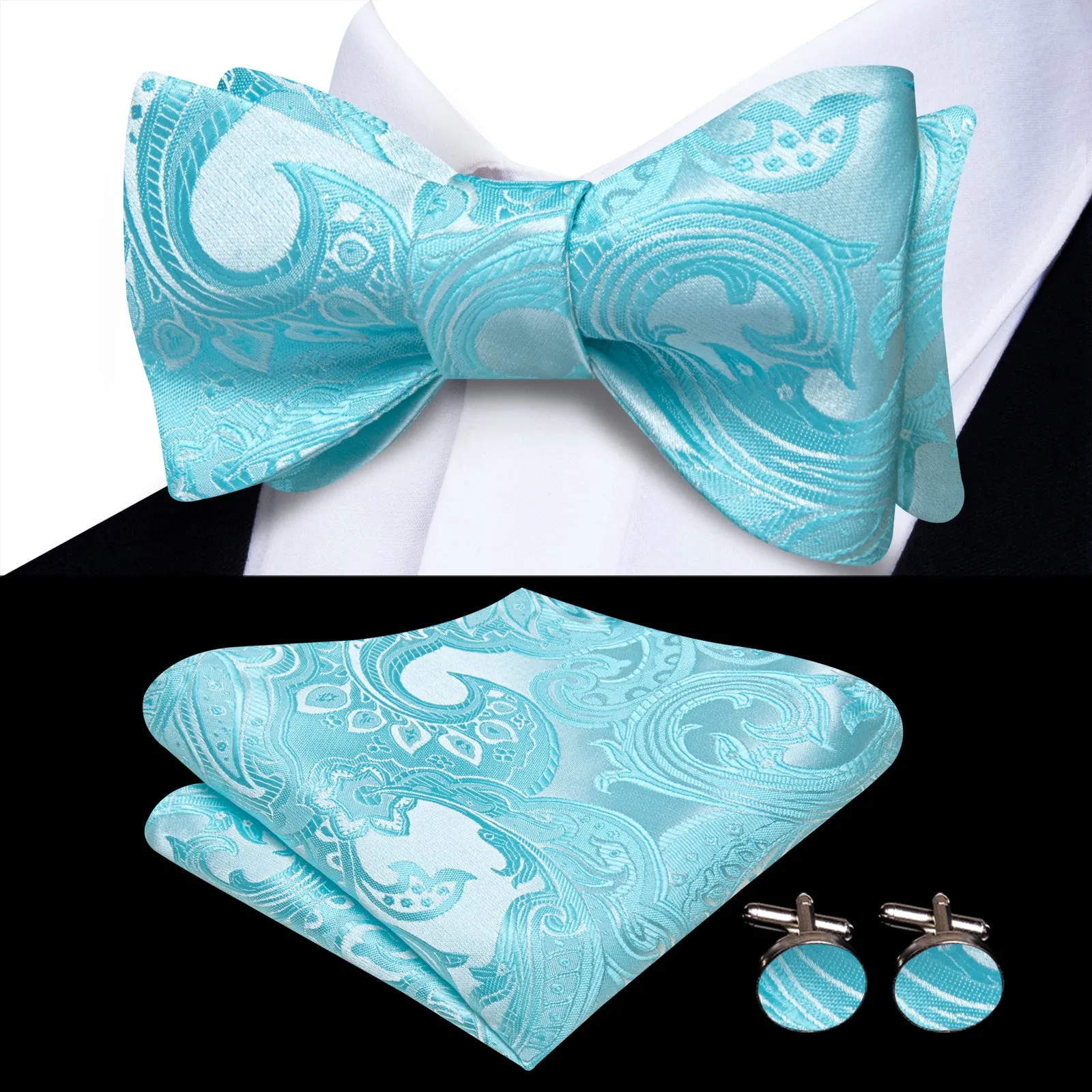 Ties2you Pale Sky Blue Paisley Self-tied Bow Tie Pocket Square Cufflinks Set sold by Ties2You product image thumbnail 2