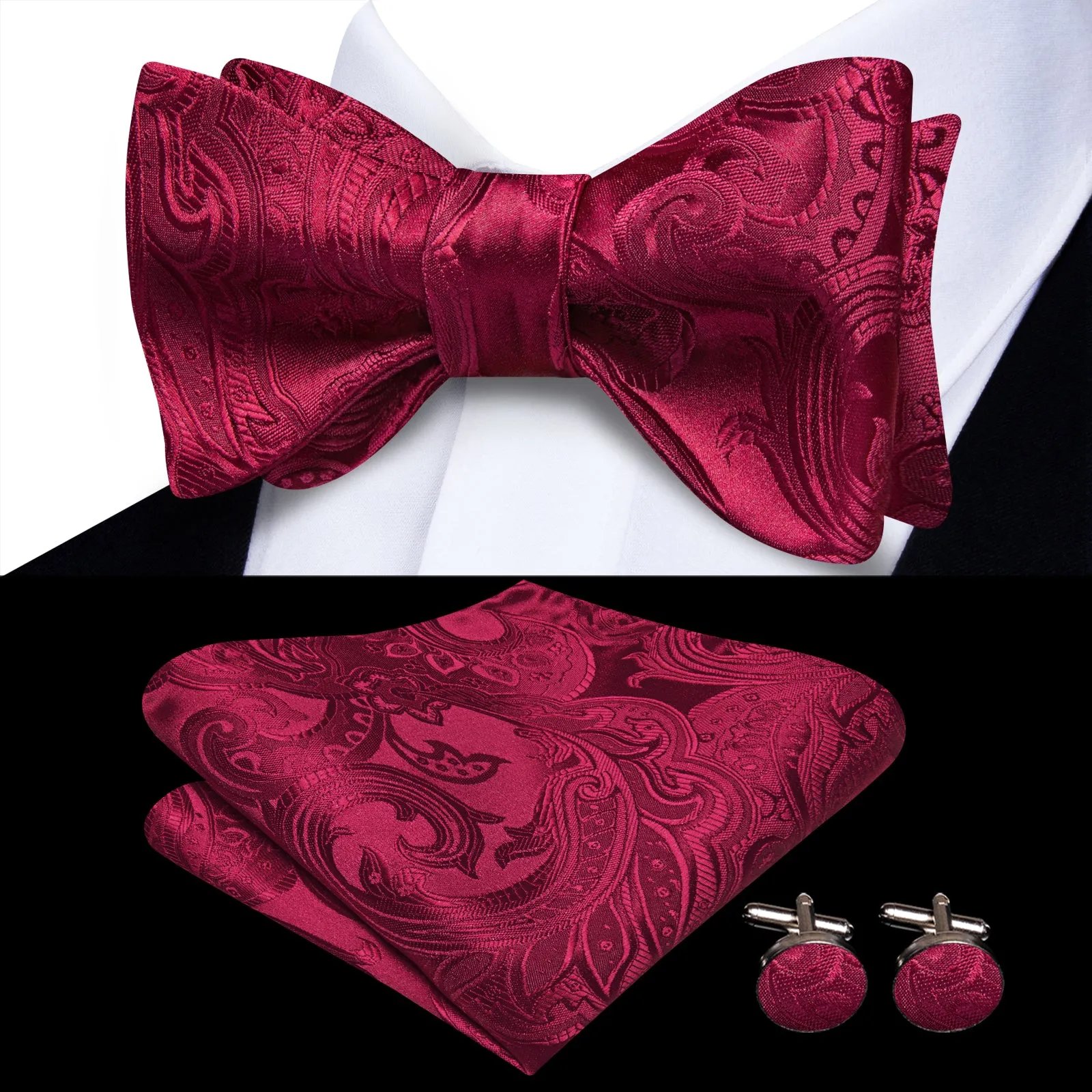 Ties2you Red Paisley Self-tied Bow Tie Pocket Square Cufflinks Set sold by Ties2You product image thumbnail 2