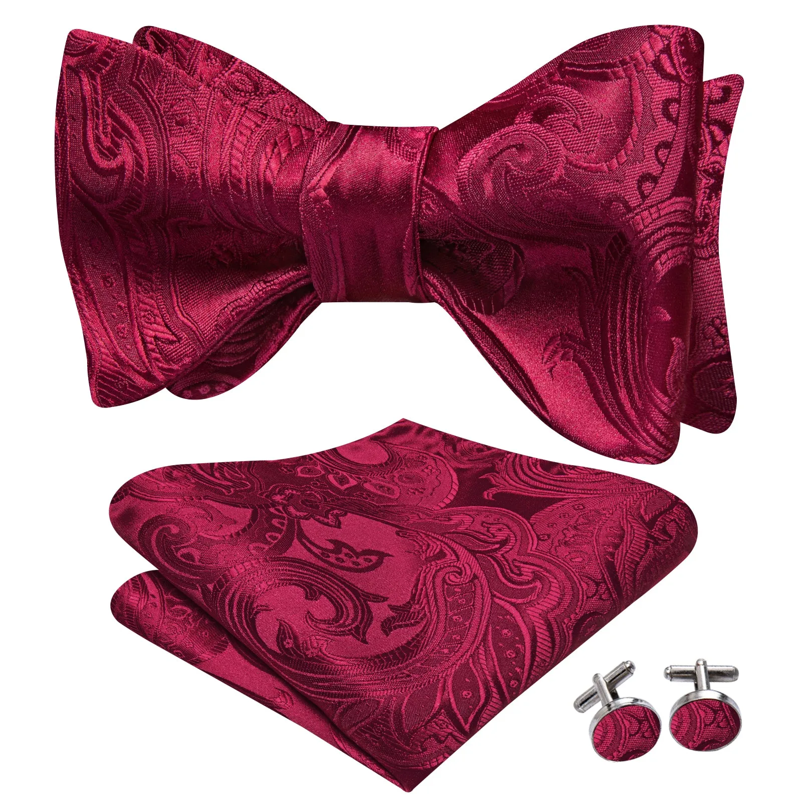 Ties2you Red Paisley Self-tied Bow Tie Pocket Square Cufflinks Set sold by Ties2You product image thumbnail 4