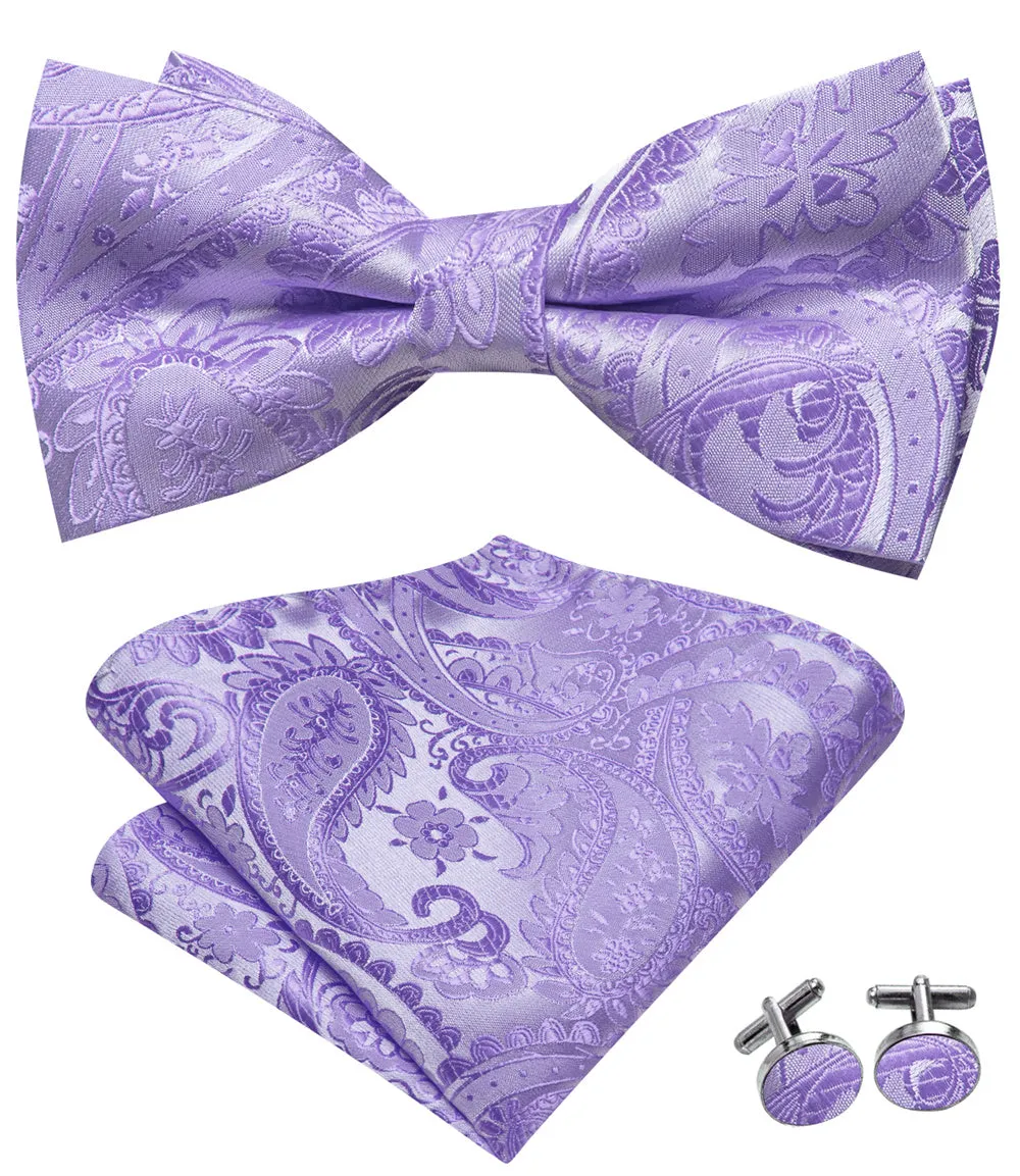 Ties2you Bright Purple Paisley Pre-tied Bow Tie Pocket Square Cufflinks Set sold by Ties2You product image thumbnail 3