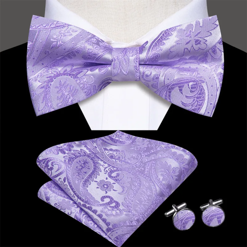 Ties2you Bright Purple Paisley Pre-tied Bow Tie Pocket Square Cufflinks Set sold by Ties2You