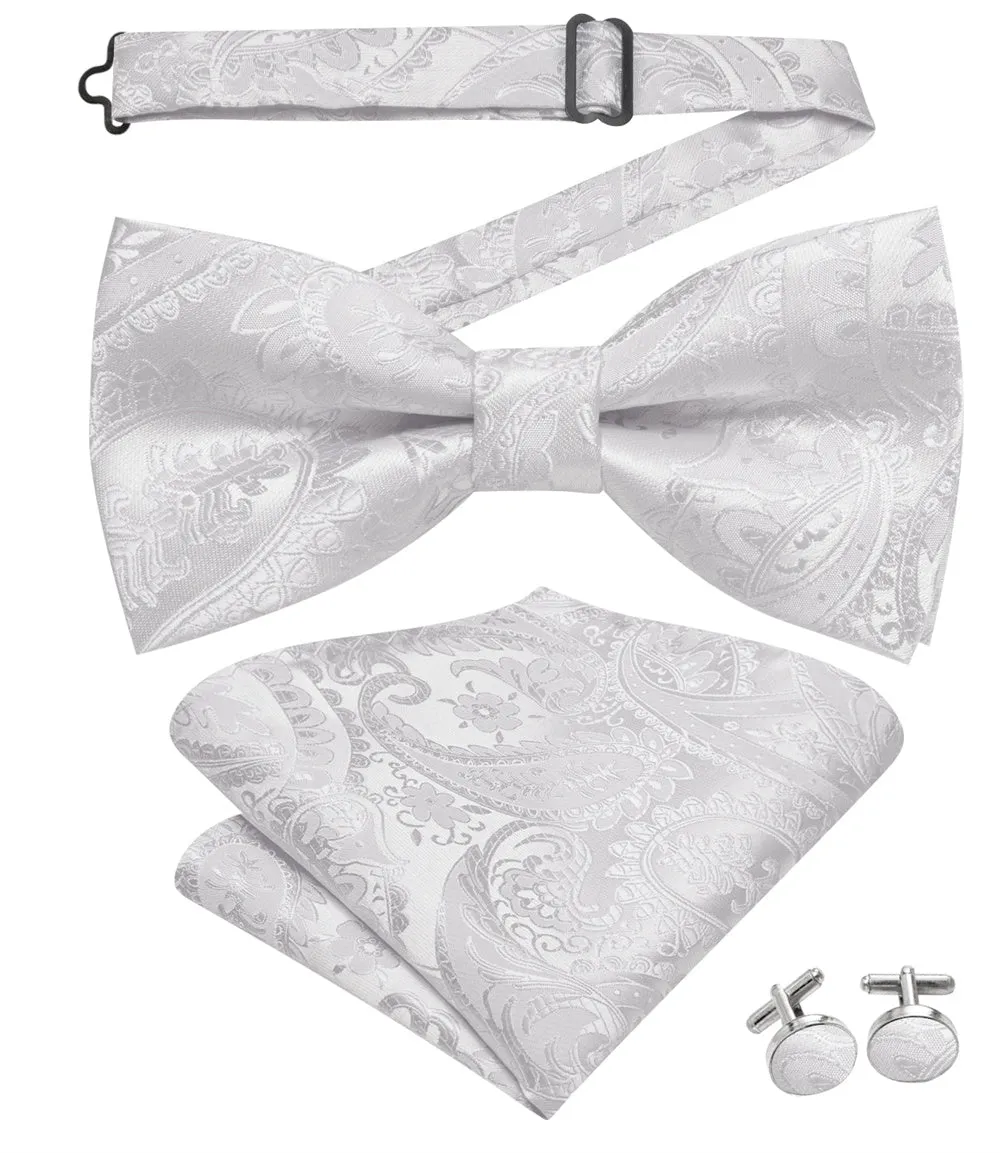 Ties2you Silver Paisley Pre-tied Bow Tie Pocket Square Cufflinks Set sold by Ties 2 You product image thumbnail 3