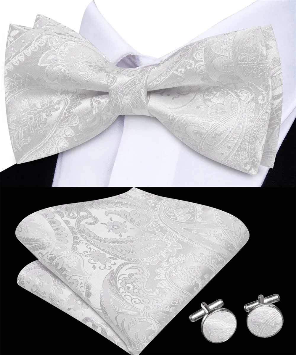 Ties2you Silver Paisley Pre-tied Bow Tie Pocket Square Cufflinks Set sold by Ties 2 You product image thumbnail 2