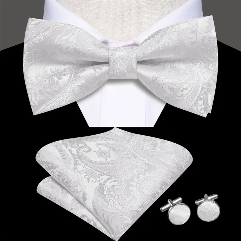 Ties2you Silver Paisley Pre-tied Bow Tie Pocket Square Cufflinks Set sold by Ties 2 You