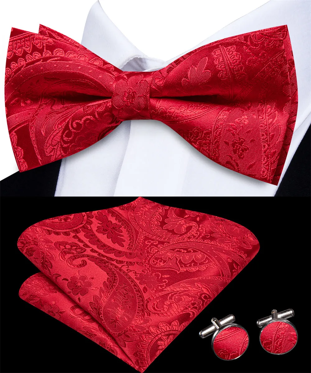 Ties2you Classic Red Paisley Pre-tied Bow Tie Pocket Square Cufflinks Set sold by Ties2You product image thumbnail 2