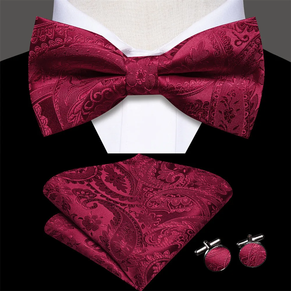 Ties2you Burgundy Paisley Pre-tied Bow Tie Hanky Cufflinks Set sold by Ties2You