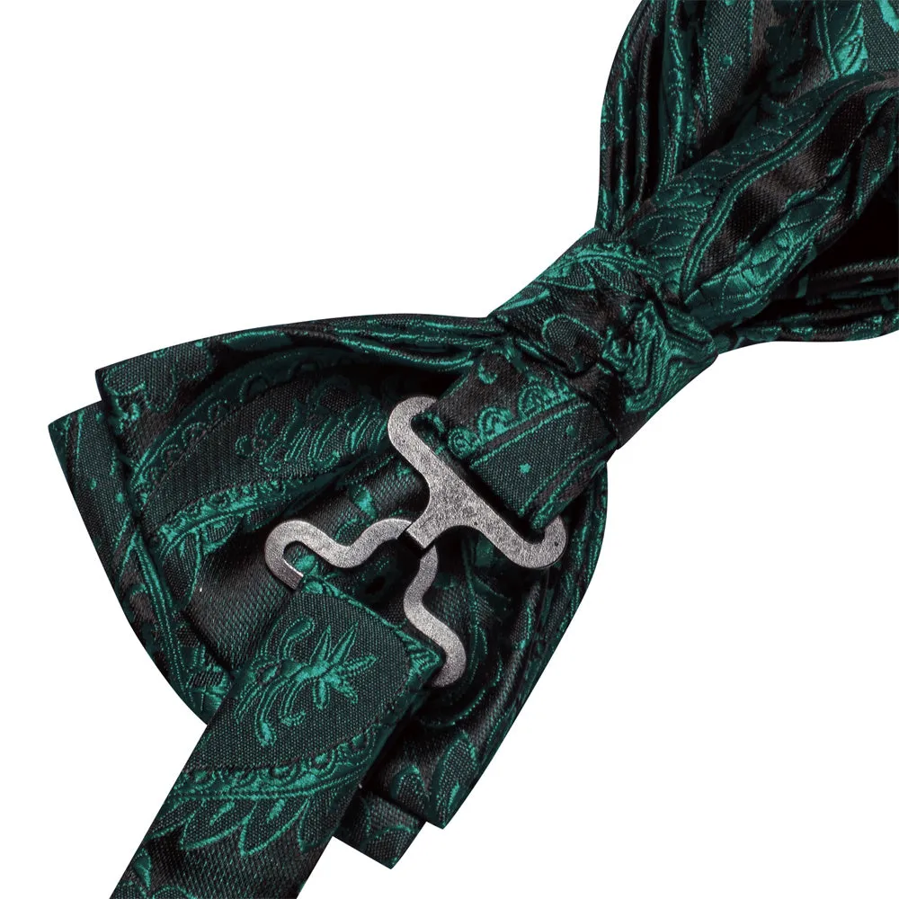 Ties2you Dark Green Paisley Pre-tied Bow Tie Hanky Cufflinks Set sold by Ties2You product image thumbnail 3