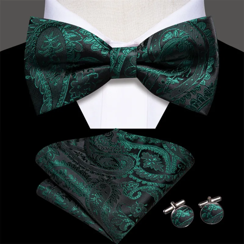 Ties2you Dark Green Paisley Pre-tied Bow Tie Hanky Cufflinks Set sold by Ties2You
