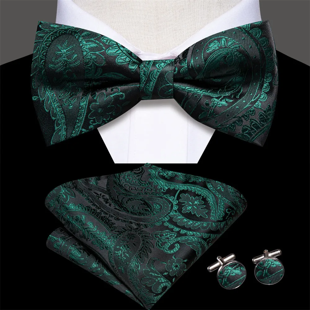 Ties2you Dark Green Paisley Pre-tied Bow Tie Hanky Cufflinks Set sold by Ties2You