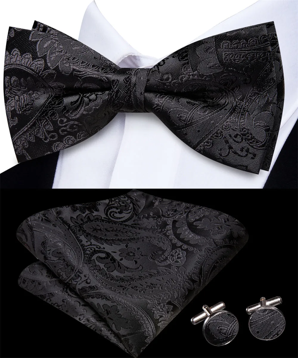 Ties2you Black Paisley Pre-tied Bow Tie Hanky Cufflinks Set sold by Ties2You product image thumbnail 2