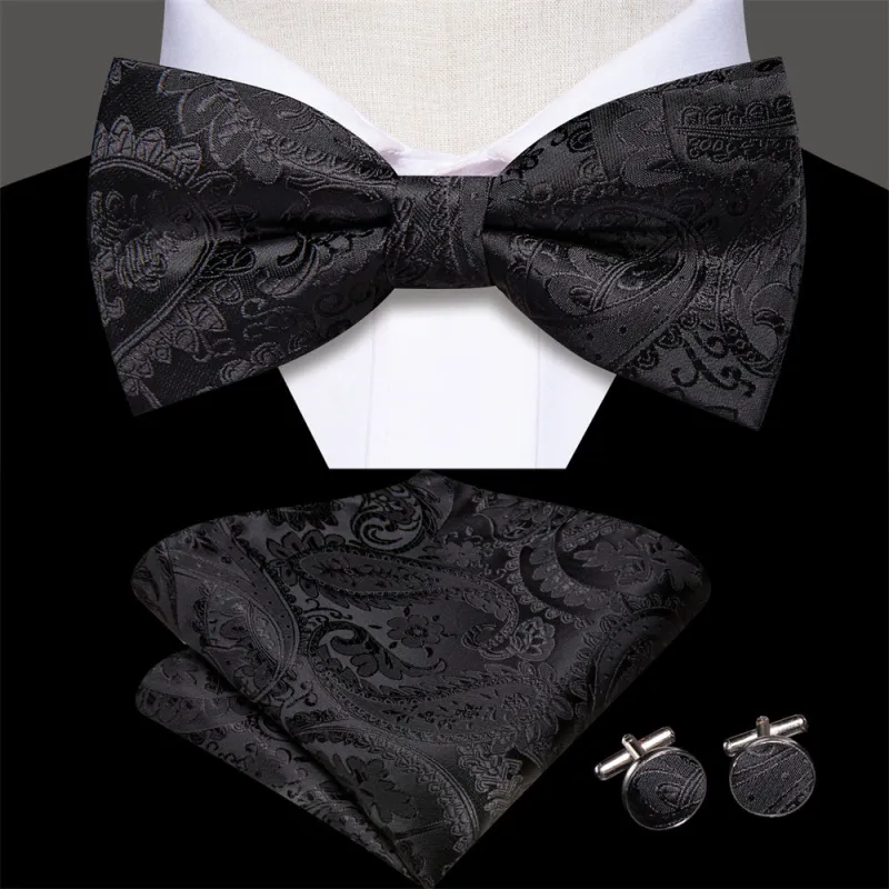 Ties2you Black Paisley Pre-tied Bow Tie Hanky Cufflinks Set sold by Ties2You