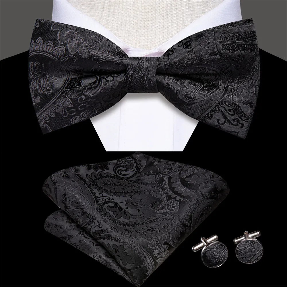 Ties2you Black Paisley Pre-tied Bow Tie Hanky Cufflinks Set sold by Ties2You