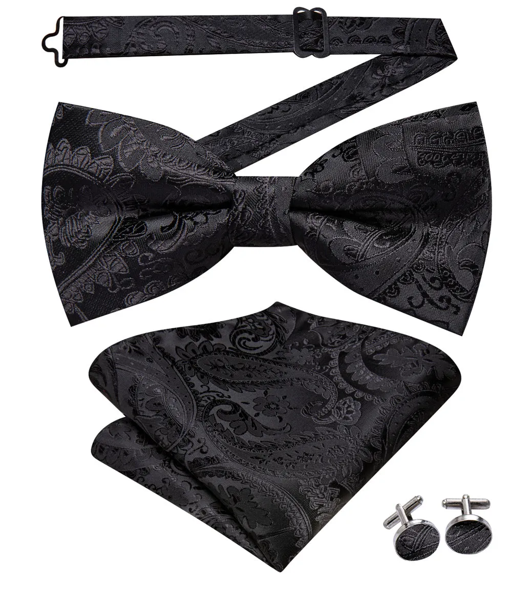 Ties2you Black Paisley Pre-tied Bow Tie Hanky Cufflinks Set sold by Ties2You product image thumbnail 3