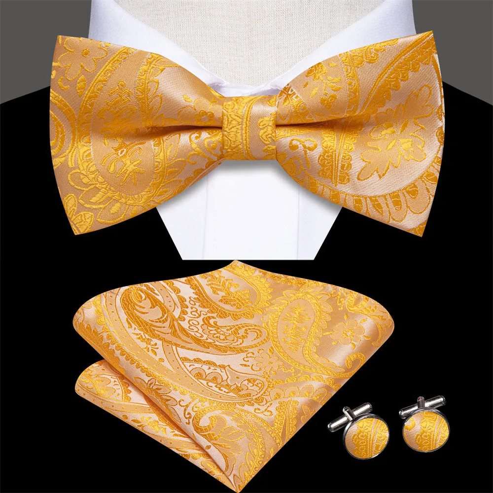Ties2you Golden Yellow Paisley Pre-tied Bow Tie Hanky Cufflinks Set sold by Ties2You