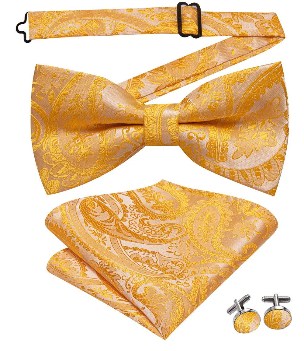 Ties2you Golden Yellow Paisley Pre-tied Bow Tie Hanky Cufflinks Set sold by Ties2You product image thumbnail 3