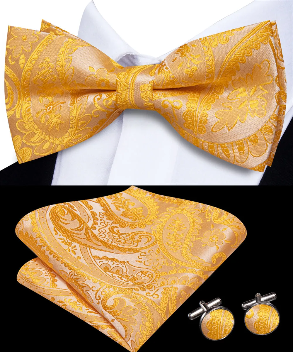 Ties2you Golden Yellow Paisley Pre-tied Bow Tie Hanky Cufflinks Set sold by Ties2You product image thumbnail 2
