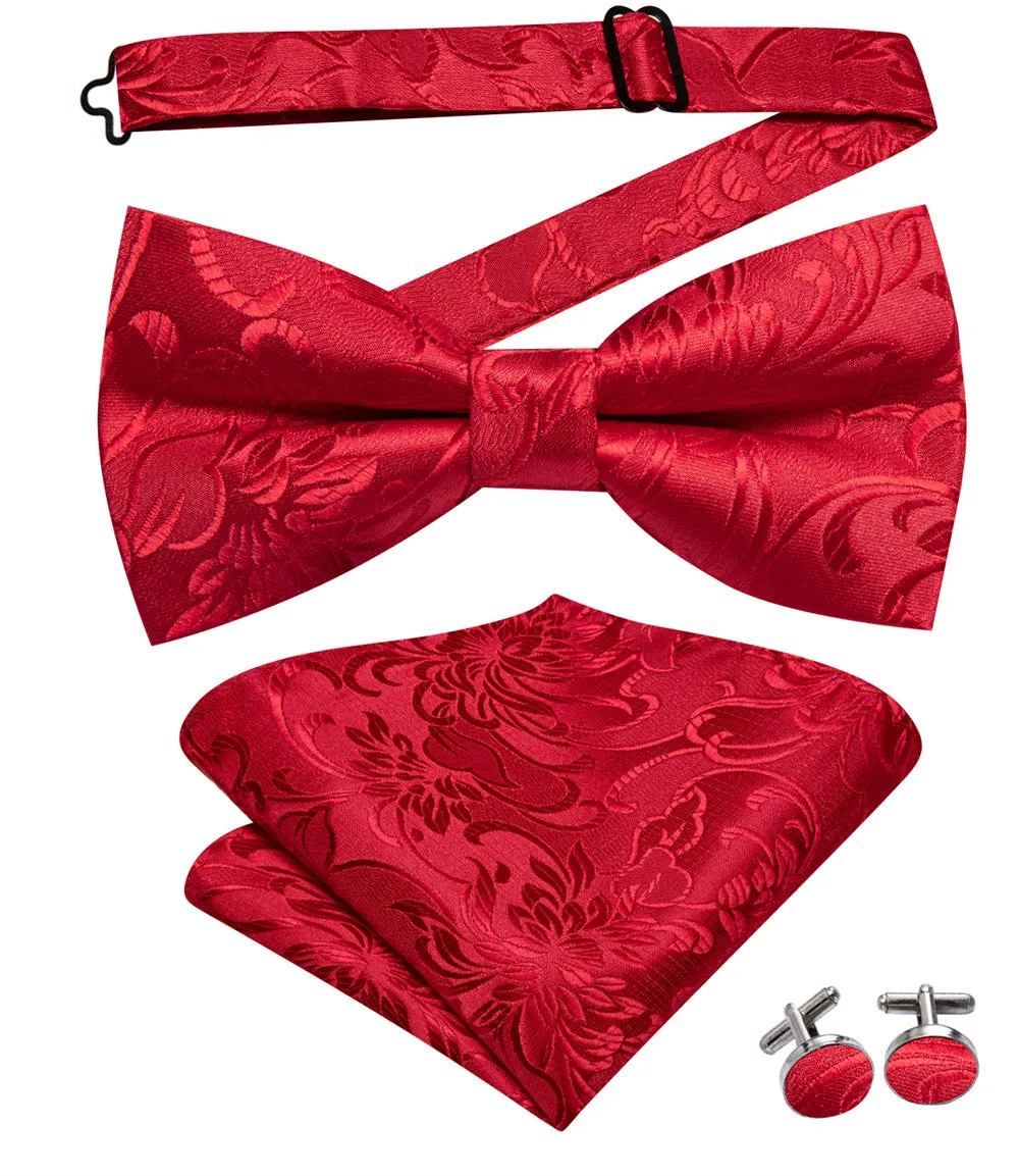 Ties2you Red Floral Pre-tied Bow Tie Hanky Cufflinks Set sold by Ties2You product image thumbnail 4
